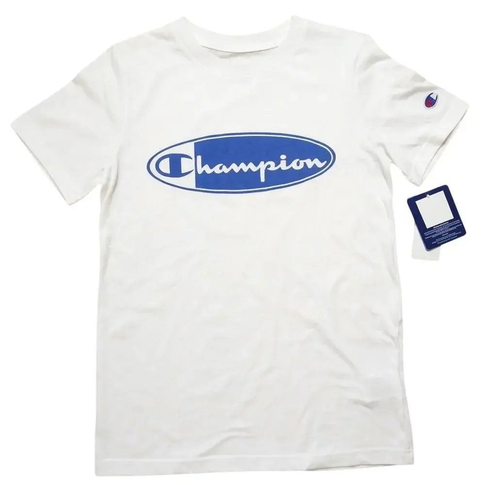 Champion Boys T-Shirt Size Small (S) White Crew Neck Short Sleeve Blue Logo